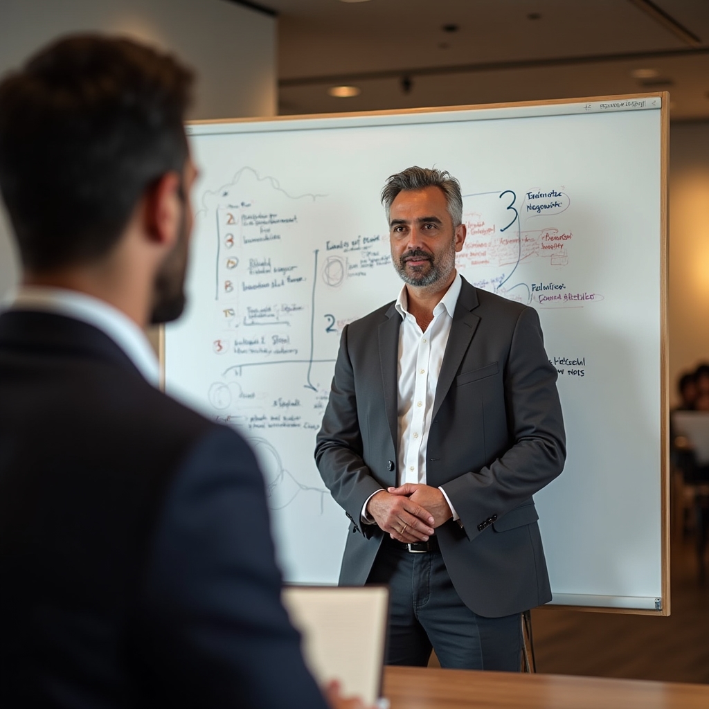 Facilitador del taller de negociación explicando técnica de anclaje ante grupo de participantes