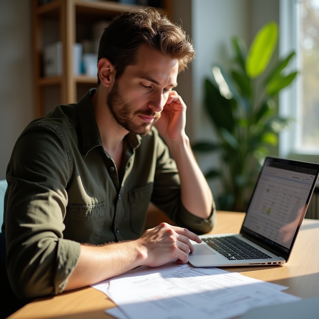 Autónomo trabajando en su oficina en casa revisando facturas de proveedores