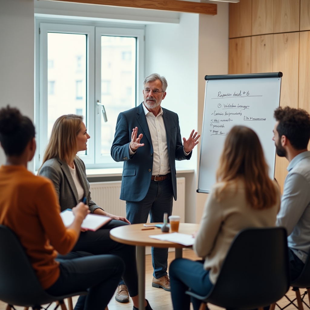 Grupo de participantes en taller debatiendo estrategias de negociación alrededor de una mesa